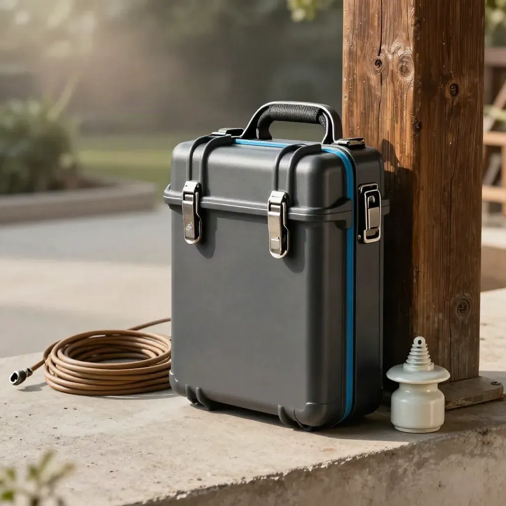 Hard-case Utility Pole Drop Pack beside cable and ceramic insulator on a sun-warmed yard ledge.