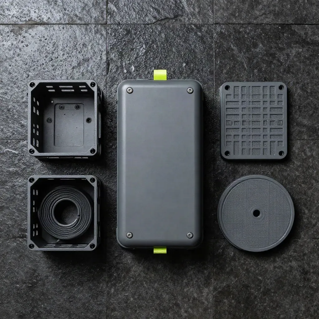 Overhead flatlay of cargo drone parts on wet stone with a lime accent.