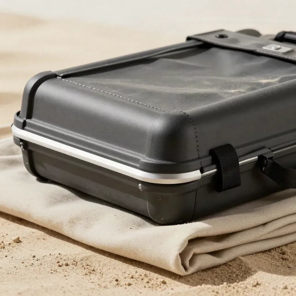 Charcoal cargo kit half-sunk in sand canvas with quarry dust on a plaster surface.