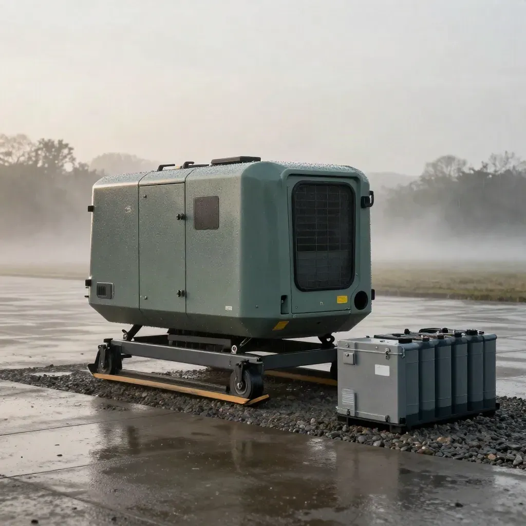 Graphite cargo lift pod rising from wet gravel with skids, battery pack, and crate in dawn mist.