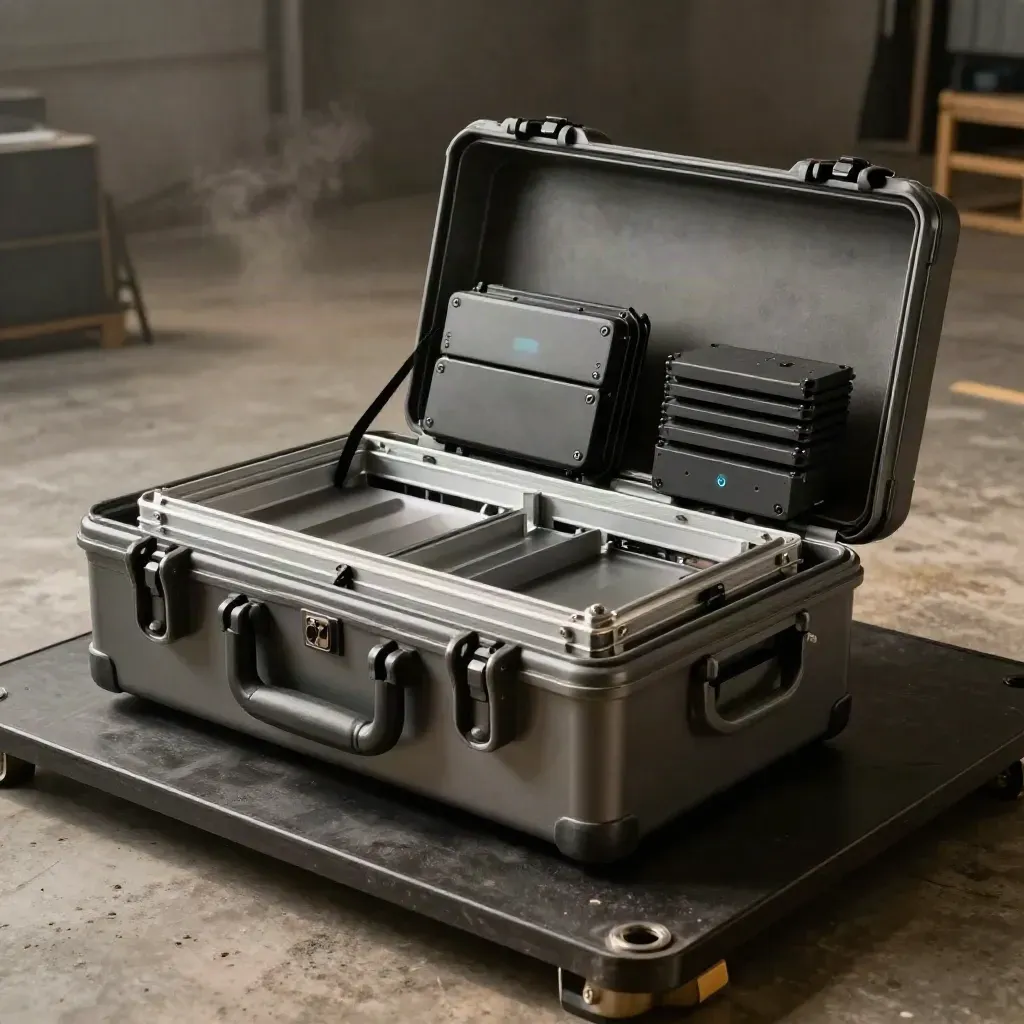 Open cargo drone dispatch case with trays and modules beside crate markers in a dim studio.