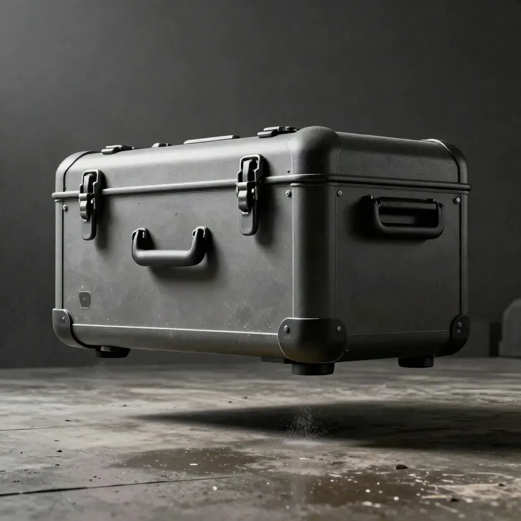 Graphite cargo case hovers above damp concrete in a dramatic low-angle drone logistics product shot.