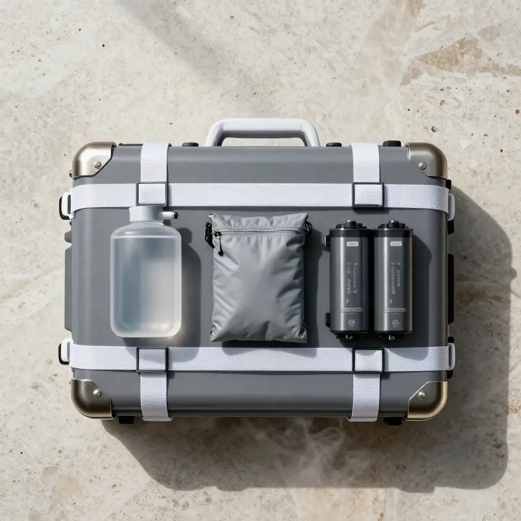 Overhead flatlay of a sealed disaster relief cargo pod with water, med, and battery modules on pale stone.