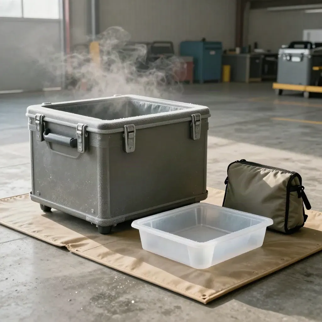 Graphite insulated cargo case beside a frost tray and sleeve on a concrete dock in soft daylight.