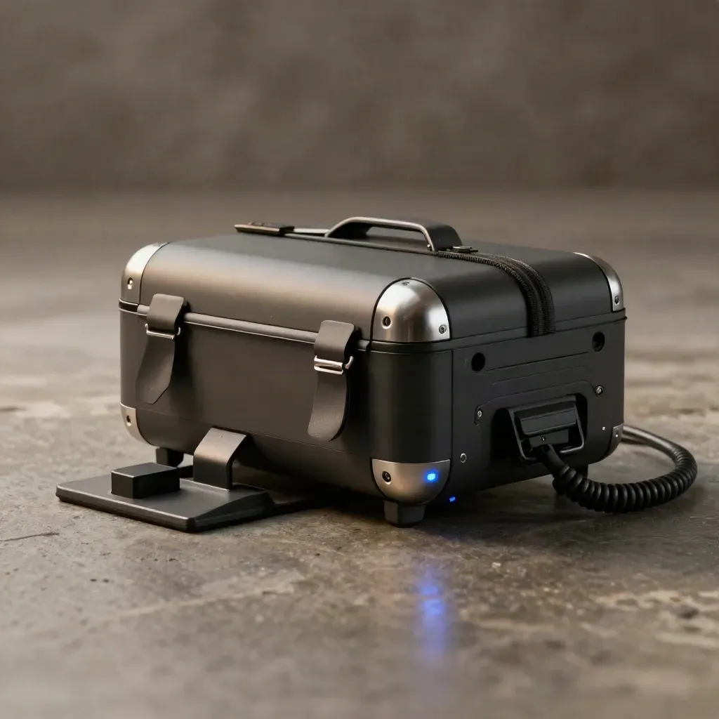 Cargo pod and battery pack bundling on stone under dramatic studio light.
