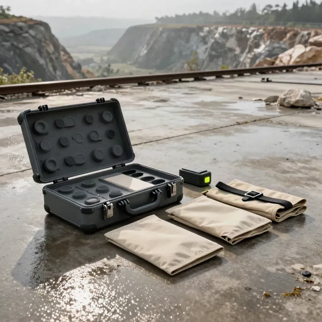 Open Drone Hauler dispatch case with route pucks and sync unit on a remote site ledge.