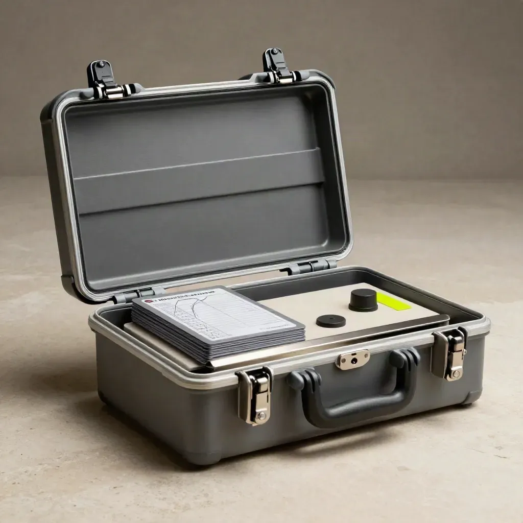Graphite audit case with route modules on travertine in a premium studio hero shot.