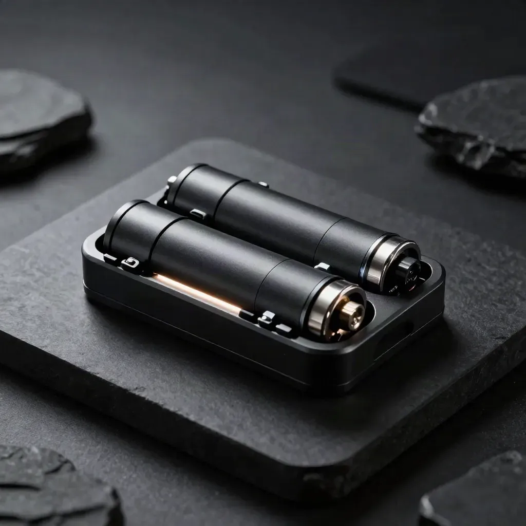 Two matte battery cartridges mid-swap in a rugged cradle on a dark studio plinth.