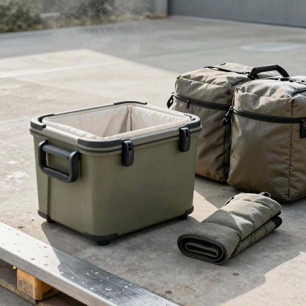 Insulated cargo crate beside chilled packs on a misty concrete loading apron