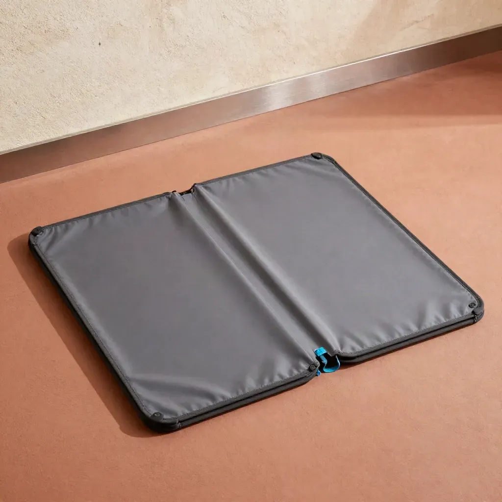 Two foldable drone landing mats fan open beside a carry sleeve on terracotta plaster.