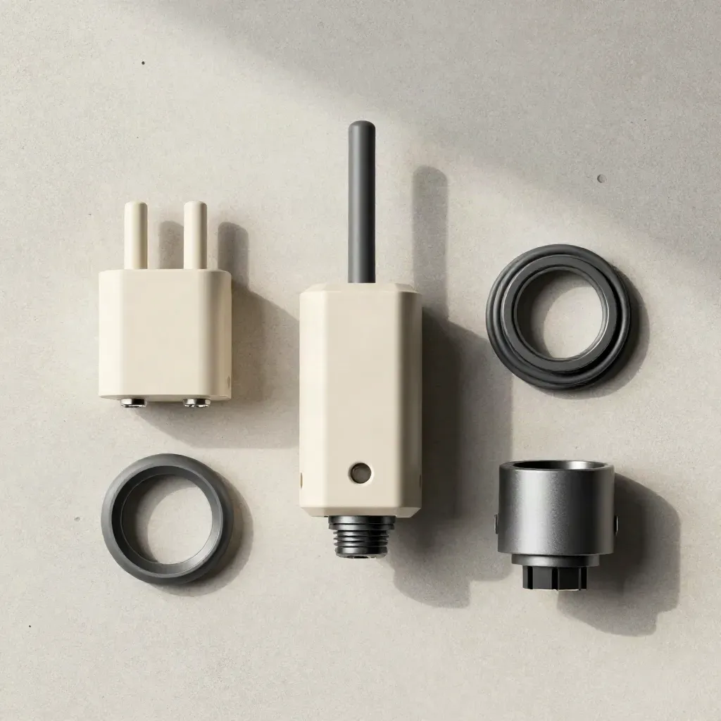 Overhead flatlay of a sealed relay puck with antenna caps and cable loop on pale concrete.
