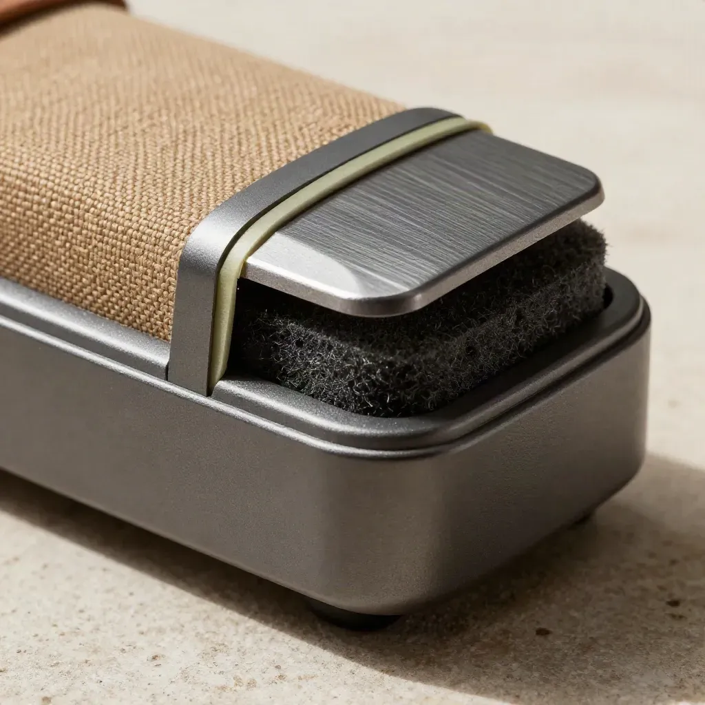 Graphite spare parts pod with foam cutouts resting on coarse canvas in raking light.