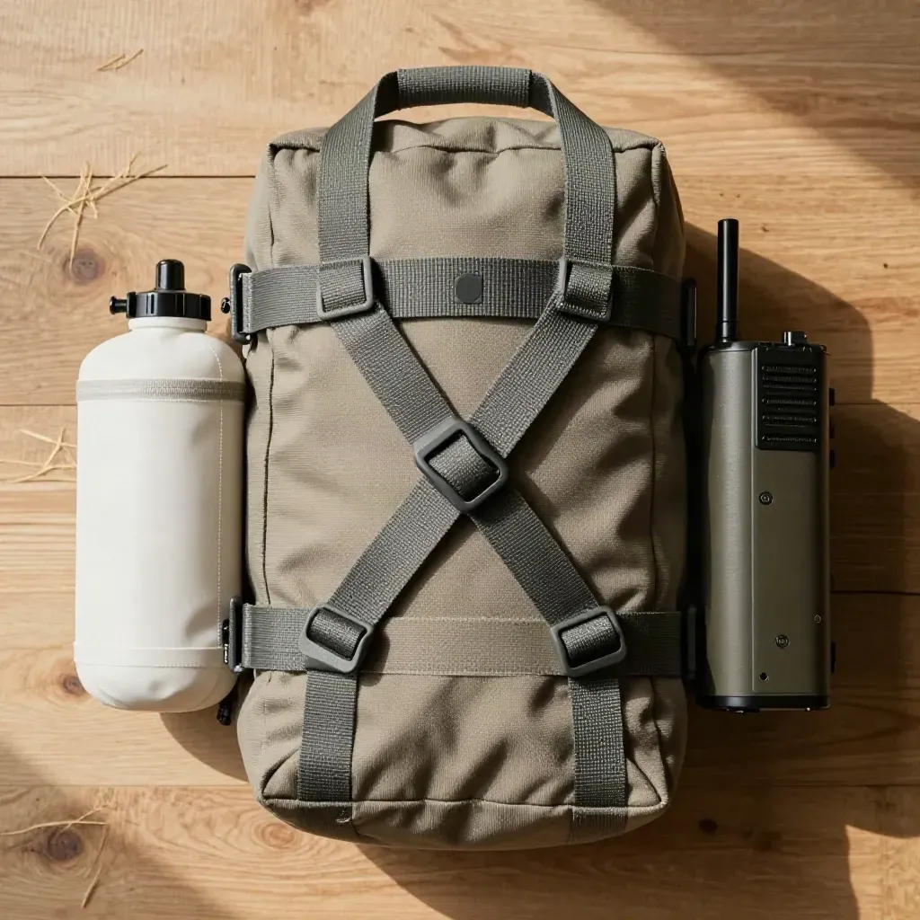 Overhead flatlay of a rugged emergency drop bag with water, meds, and battery sleeves on warm wood.