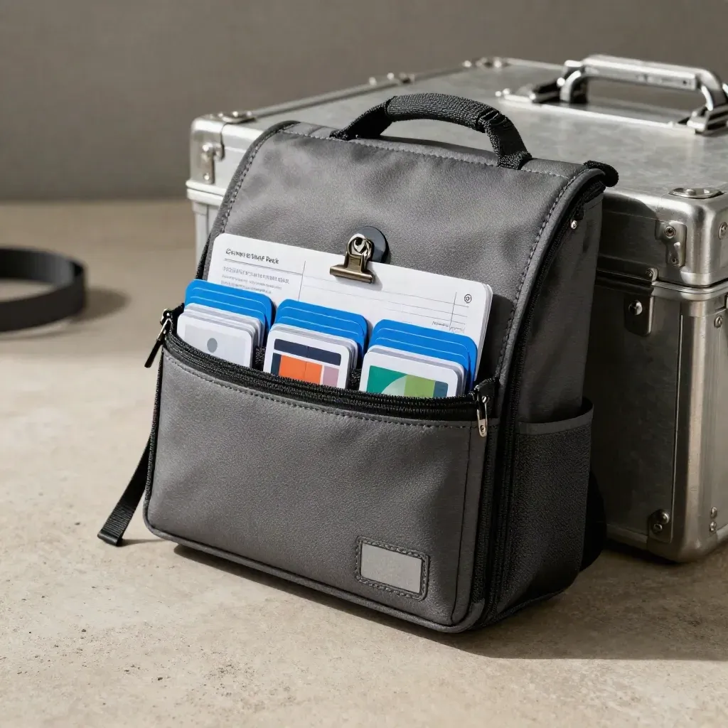 Slim crew briefing pack with route cards and organizer slots on a concrete flight slab.