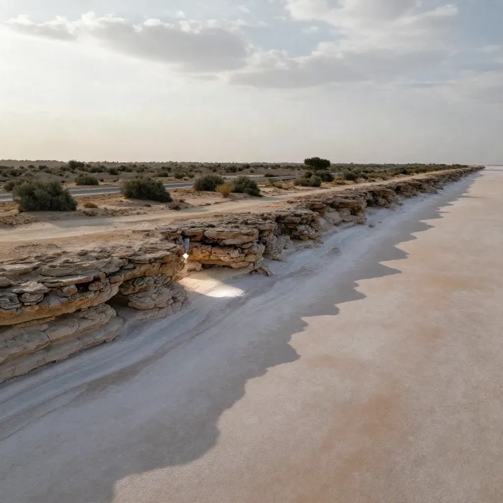 Salt-flat landscape with rock, road, and scrub under broken clouds