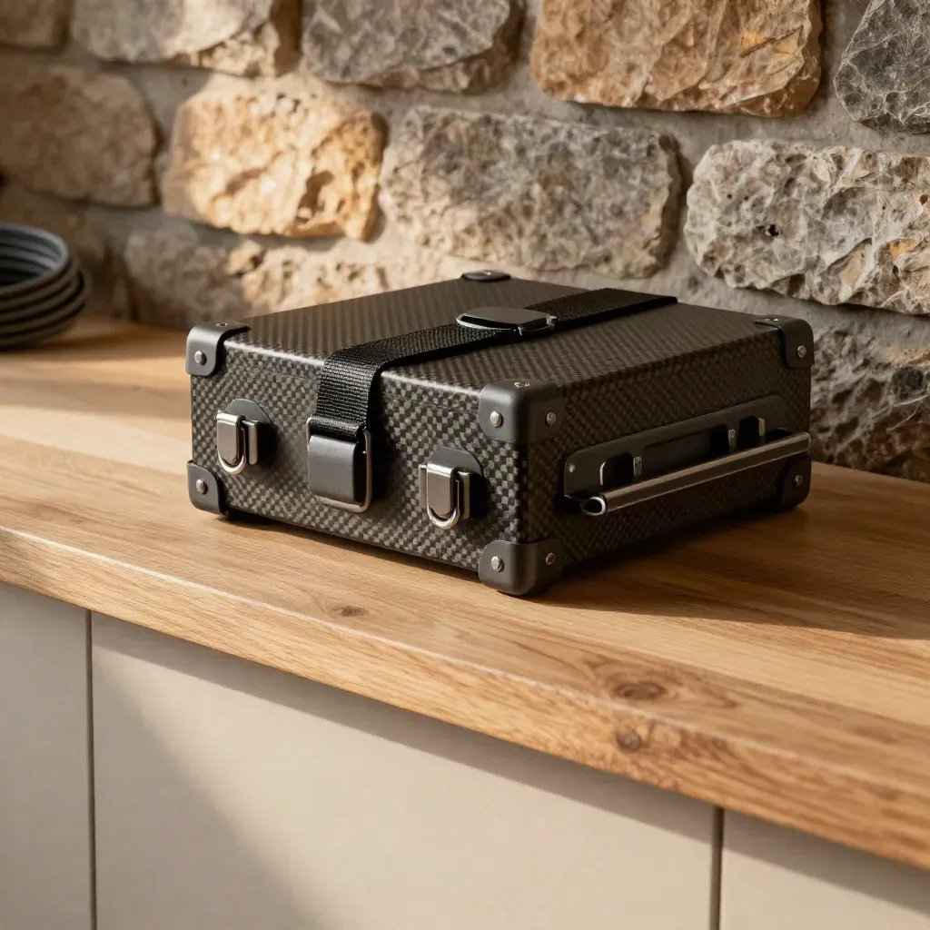 Cargo drone payload hardware on a pale oak bench with warm light and stone wall.