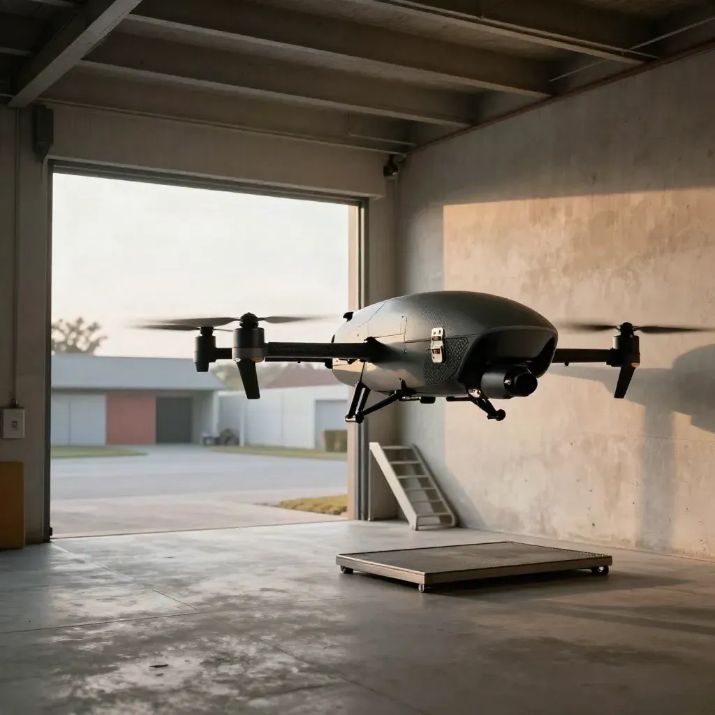 Cargo drone at a sunlit concrete loading bay with quiet courtyard backdrop.