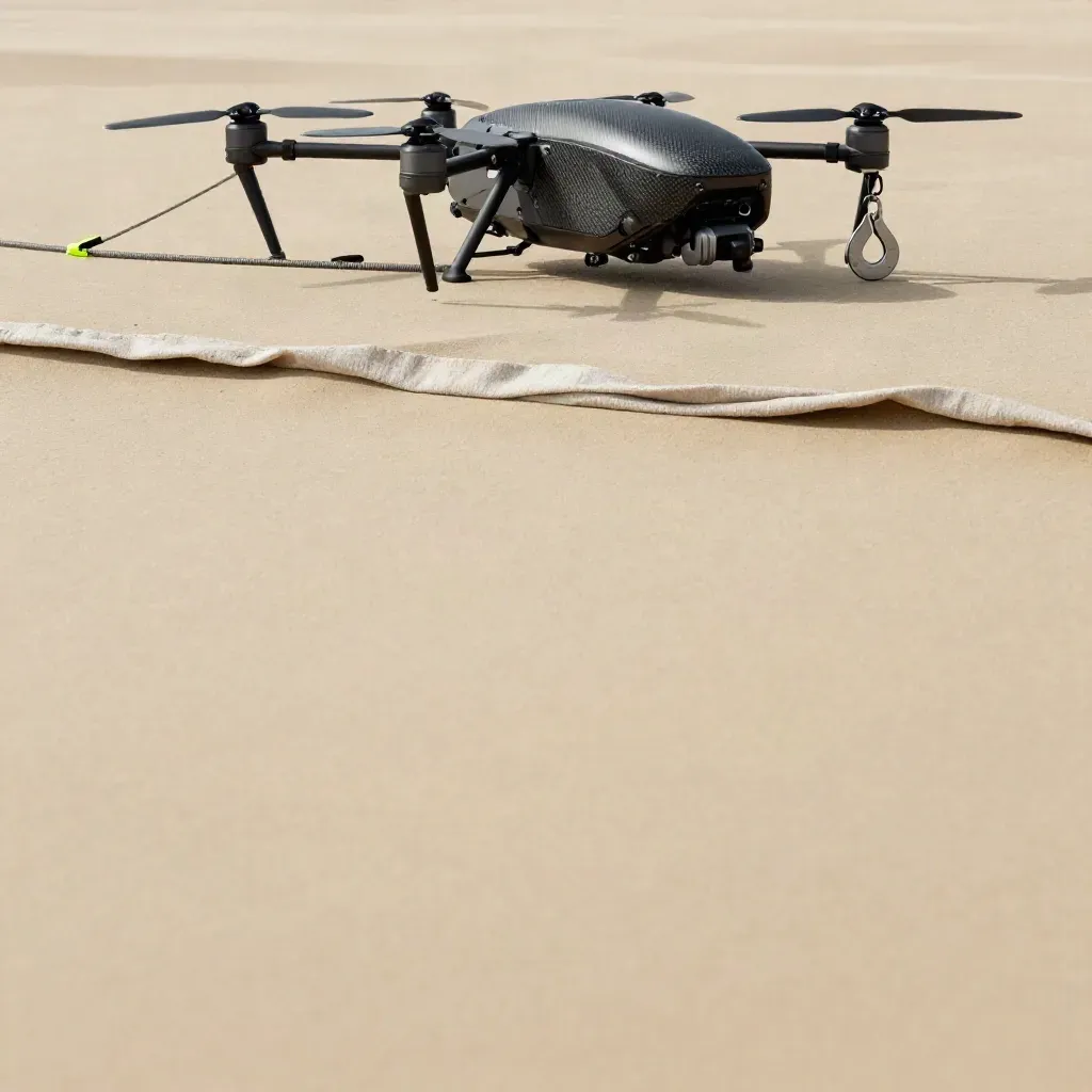 Cargo drone gear on a warm plaster-and-sand surface with calm copy space